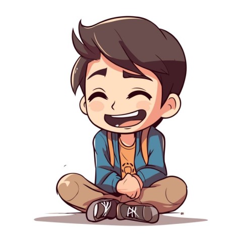 cute boy sitting on the floor and laughing. Vector illustration.