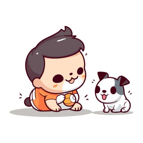 Cute little boy playing with his dog. Vector character design.