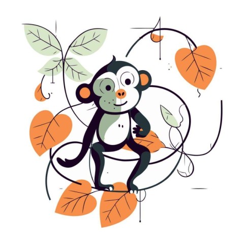 Cute monkey sitting on a branch with leaves. Vector illustration