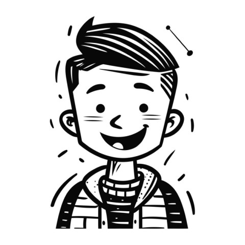 Black and White Cartoon Illustration of a Smiling Teenage Boy