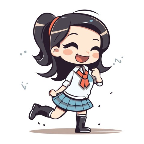 Cute little girl in school uniform running and smiling. Vector i