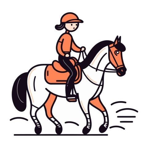 Girl jockey riding a horse. Vector illustration in linear style.