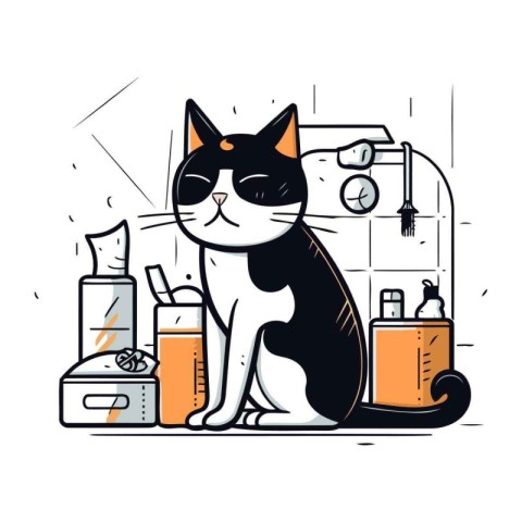 Cute cat sitting in the bathroom. Vector illustration for your d