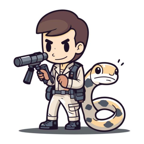 Cute boy with snake and binoculars. Vector illustration.