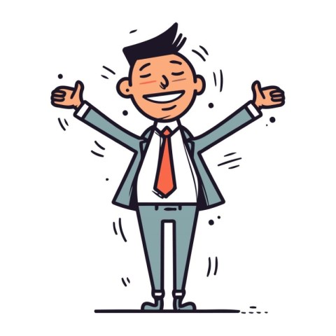 Happy businessman with hands up. Vector illustration in doodle s