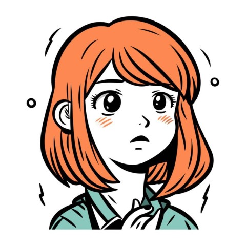 Illustration of a girl with red hair in a blue shirt.