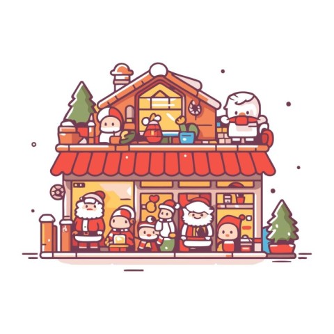 Santa Claus and children in front of the store. Vector illustrat