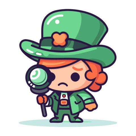 Leprechaun girl with magnifying glass. Vector illustration.