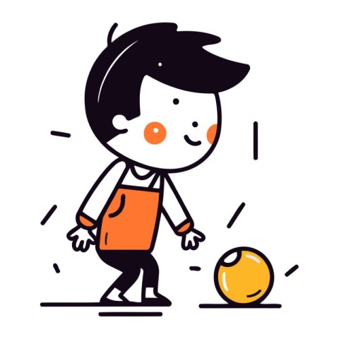 Cute boy playing bowling. Vector illustration in thin line style