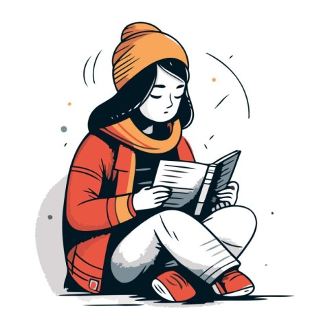 Vector illustration of a girl reading a book in winter clothes.