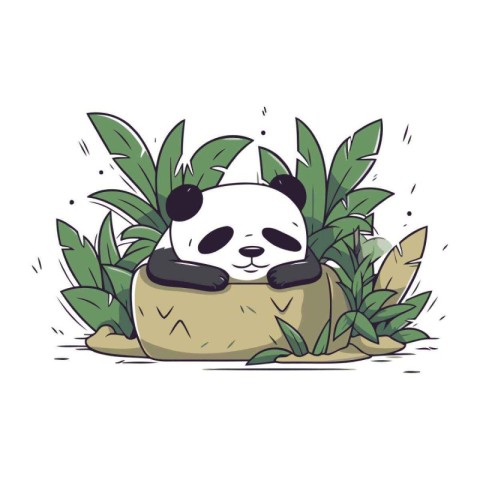 Cute panda sitting on a stone in the jungle. Vector illustration