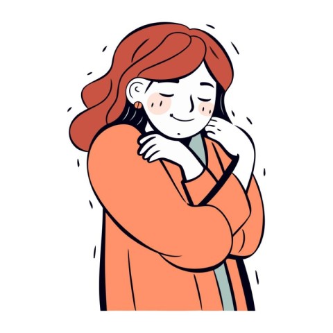 Sad woman hugging herself. Vector illustration in doodle style.