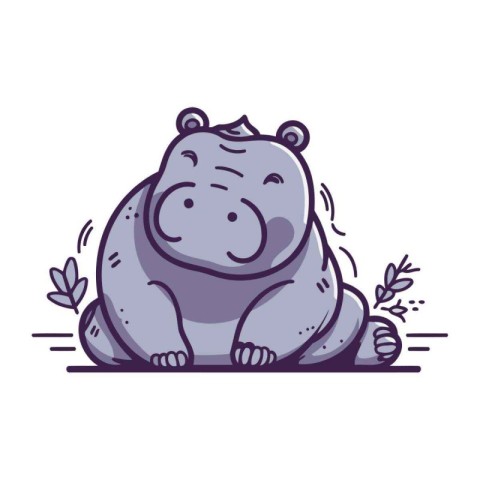 Cute hippo sitting on the ground. Vector illustration in cartoon