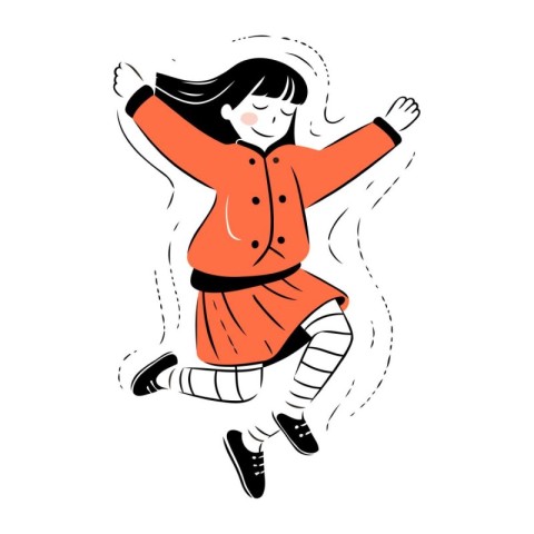 Happy girl jumping with raised hands. Vector illustration in doo