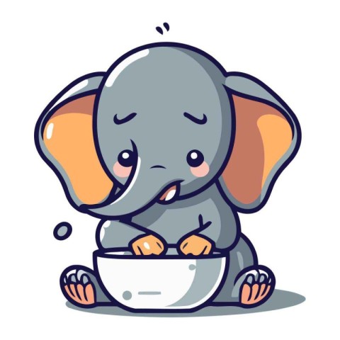 Cute baby elephant eating from a bowl. Vector cartoon illustrati