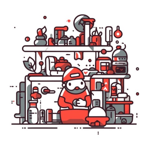 Santa Claus in the kitchen. Vector illustration in thin line sty