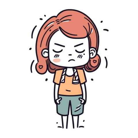 Illustration of a little red haired girl feeling sick. Vector