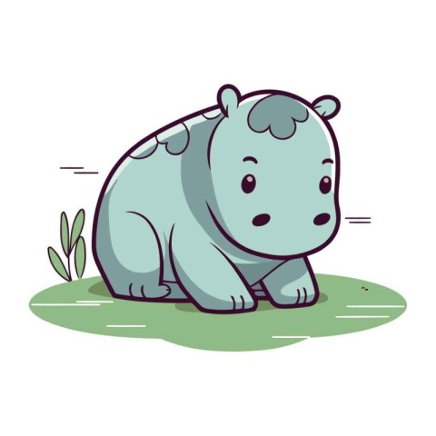 Cute cartoon hippo sitting on the grass. Vector illustration.