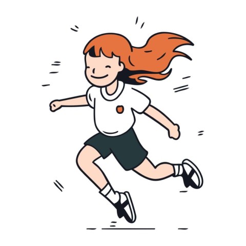 Running girl with red hair. Vector illustration in doodle style.