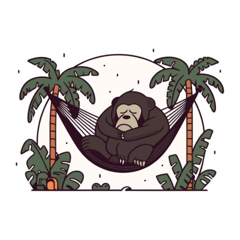 Gorilla sleeping in a hammock with palm trees. Vector illustrati