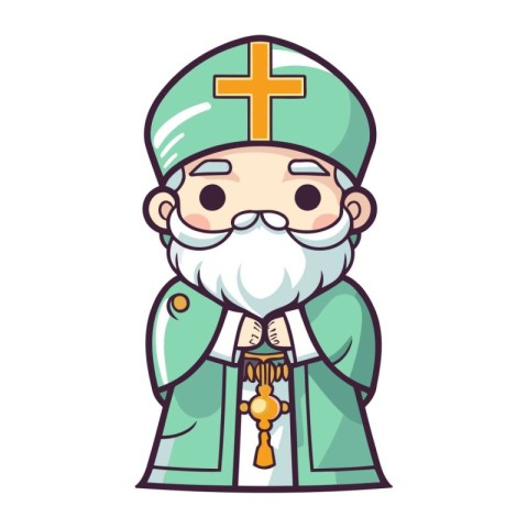 Cartoon christian holy man with christian cross. Vector illustra