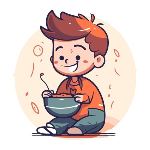 Cute little boy sitting on the floor and eating soup. Vector ill