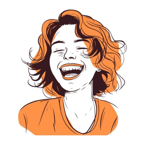 Vector illustration of a woman laughing. Happy girl with closed