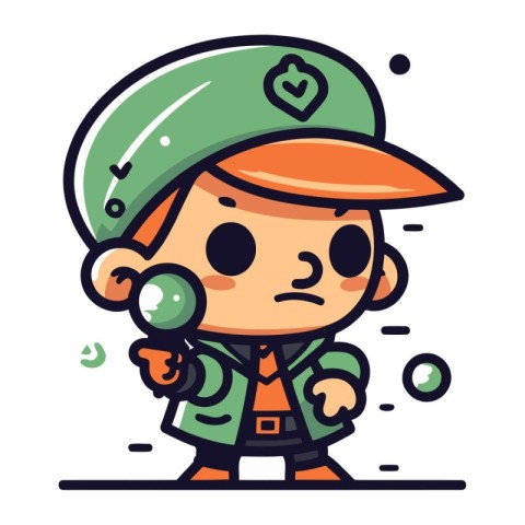 Cute Cartoon Boy in Green Army Uniform Holding Magnifying Glass