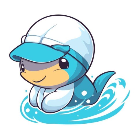 Cute cartoon whale in a cap. Vector illustration on white backgr