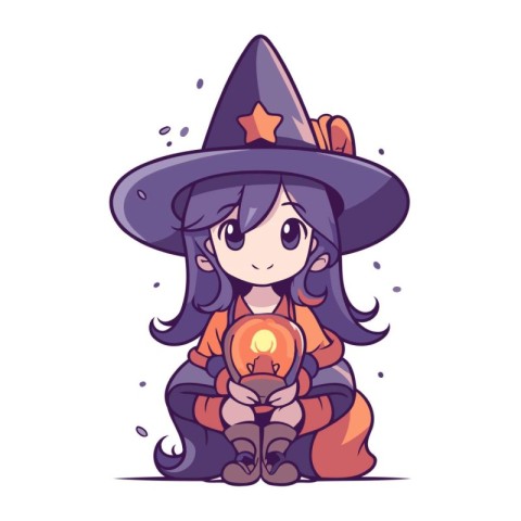 Cute little witch with a candle in her hand. Vector illustration