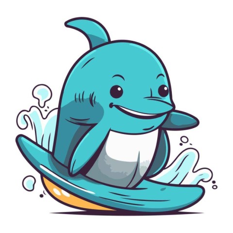 Illustration of a Cute Cartoon Dolphin Surfing with Surfboard