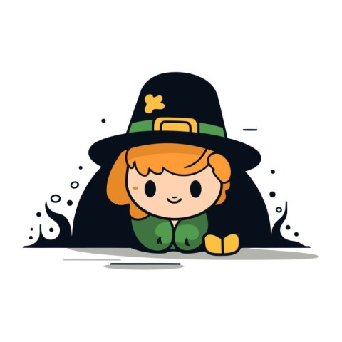 Cute girl in hat and leprechaun costume. Vector illustration.