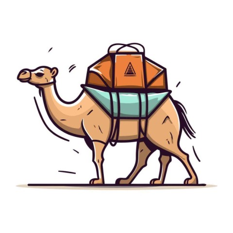 Camel with a box of goods. Vector illustration in cartoon style.