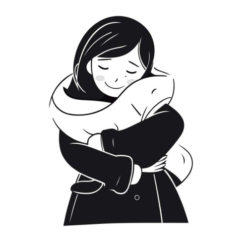 Vector illustration of girl hugging herself. Graphic of girl hug