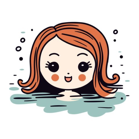 Cute cartoon girl with long hair in water. Vector illustration.