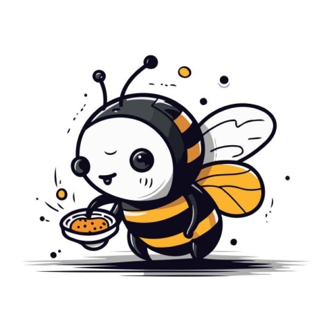 Cute cartoon bee with a bowl of honey. Vector illustration.