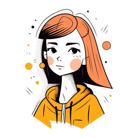 Vector illustration of a girl in a yellow hoodie. Cartoon style.