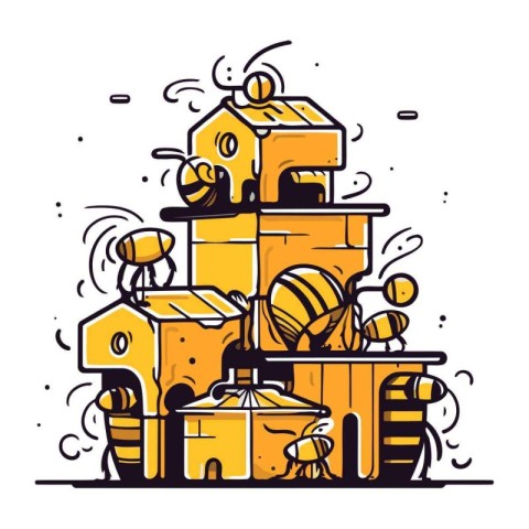 Honey bee house. Vector illustration in doodle style.