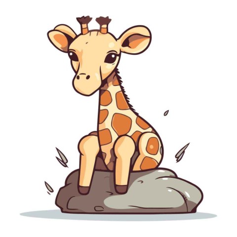 Cute cartoon giraffe sitting on a rock. Vector illustration.