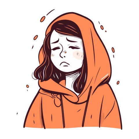 Vector illustration of a sad girl in a hoodie. Isolated on white