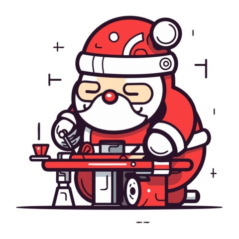 Santa Claus working on a computer. Vector illustration in cartoo