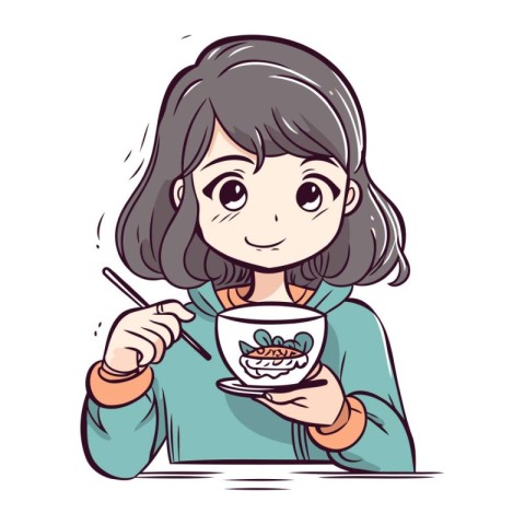 Illustration of a woman eating a bowl of chinese noodle