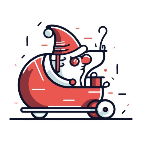 Santa Claus riding on a toy car. Vector illustration in line sty