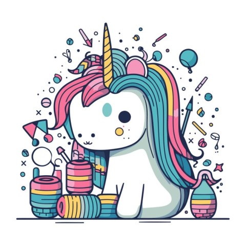 Cute cartoon unicorn with magic wand and magic potion. Vector il