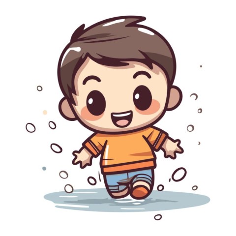 Cute little boy running in the rain. Cartoon vector illustration