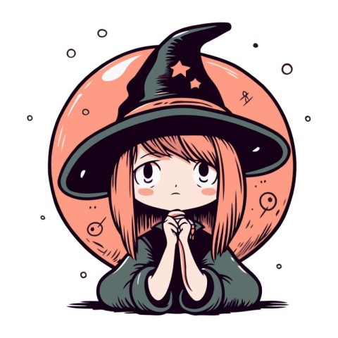 Cute little witch girl in a witch costume. Vector illustration.