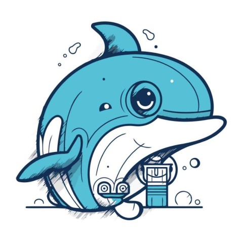 Cute cartoon dolphin. Vector illustration on white background. I