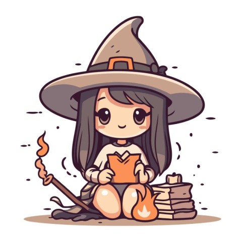 Cute little witch reading a book. Vector illustration in cartoon