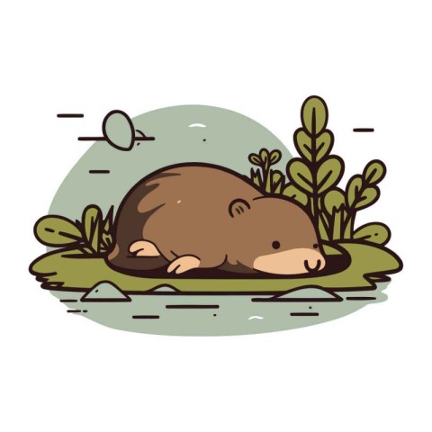 Cute cartoon hedgehog sleeping in the forest. Vector illustratio