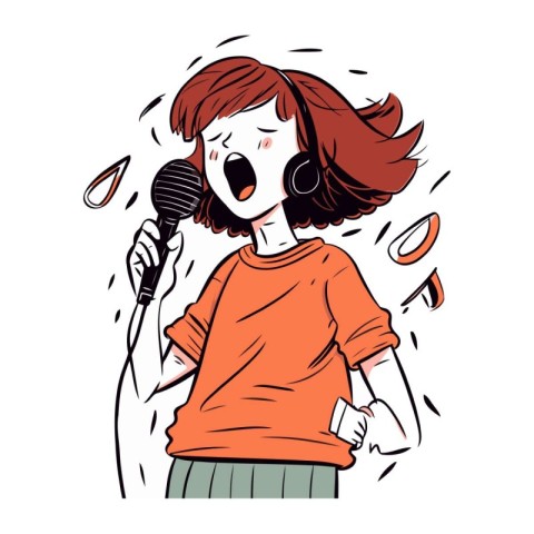 Illustration of a girl singing into a microphone. Vector illustr